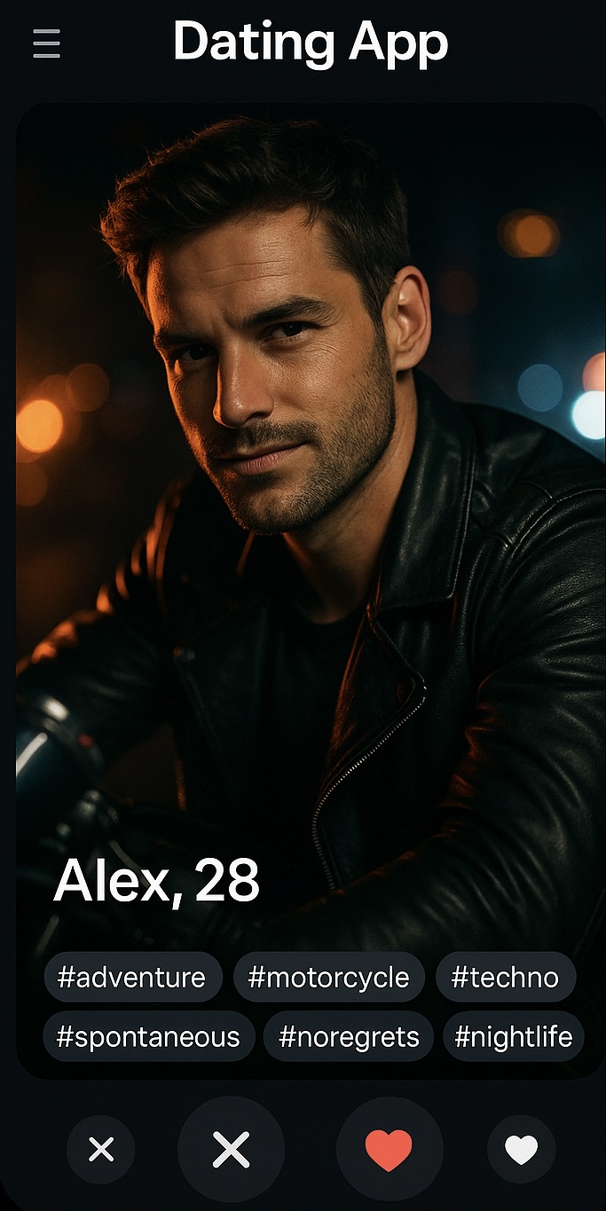 The image shows the screen of a mobile dating app. In the foreground is a close-up photo of a man named Alex, 28 years old, wearing a leather jacket. The background is blurred, showing the lights of a night city. At the bottom of the screen are icons for actions: a cross (to reject), a heart (to like), and another cross. Also displayed are tags characterizing the user: #adventure, #motorcycle, #techno, #spontaneous, #noregrets, #nightlife. The interface has a dark theme.