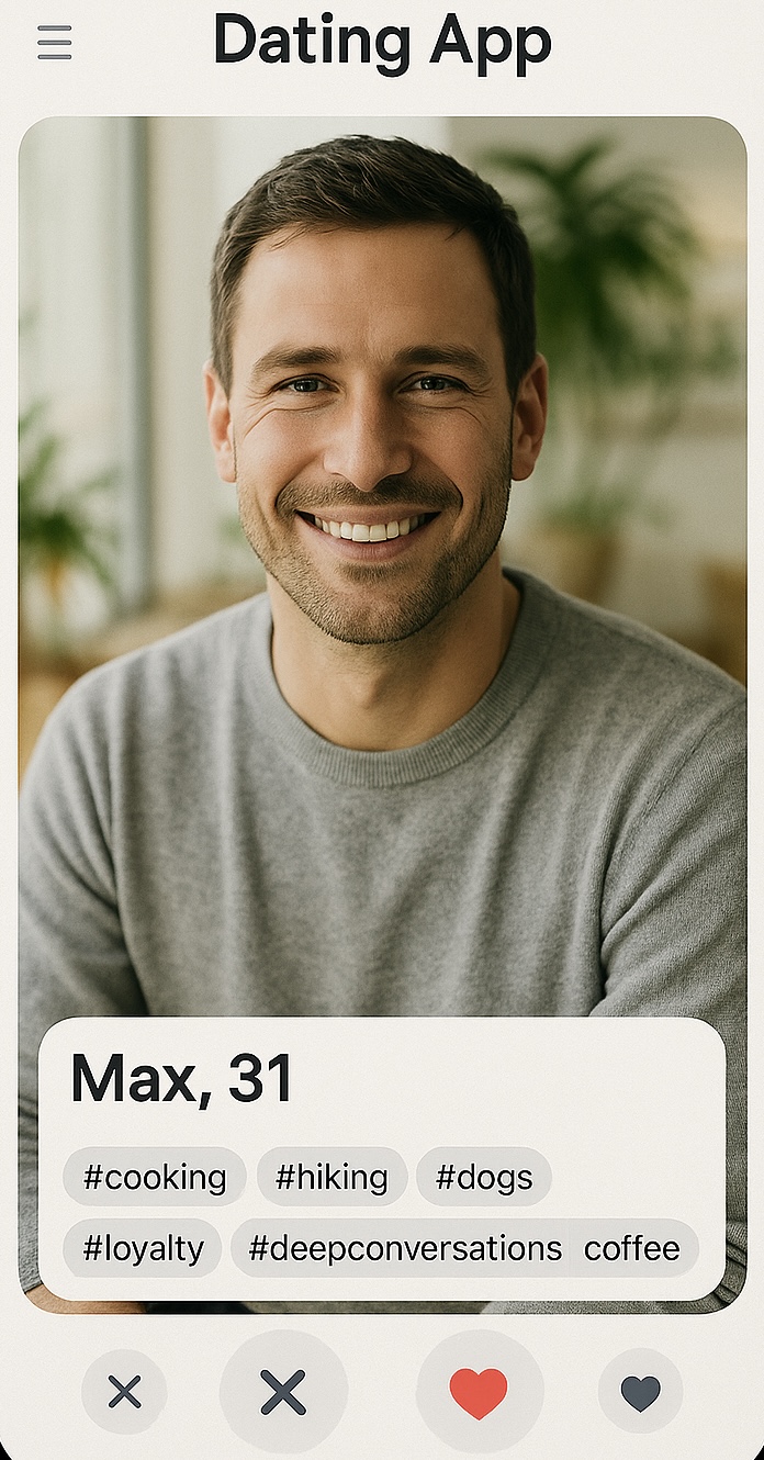 A dating app is open on the smartphone screen. The central focus is a photo of a smiling middle-aged man in a gray sweater. Below the photo, his name - Max, age - 31, and a list of his interests are shown: #cooking, #hiking, #dogs, #loyalty, #deepconversations, #coffee. At the bottom of the screen, there are buttons for interaction: two buttons with a cross (likely for rejecting) and two buttons with a heart (likely for liking). The app's interface has a light theme, creating a friendly and unobtrusive atmosphere.